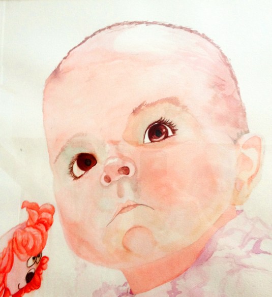 My watercolor of Q at 3 months: Looking Around-Wondering in 3D