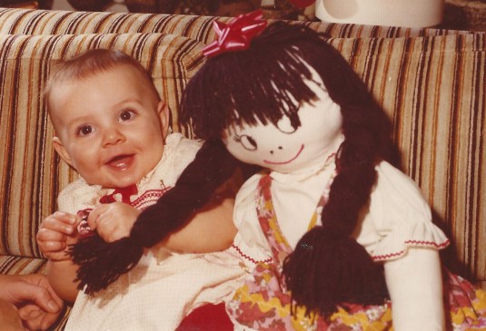 Jeanne makes a huge Raggety Annie for baby Quenby 1975