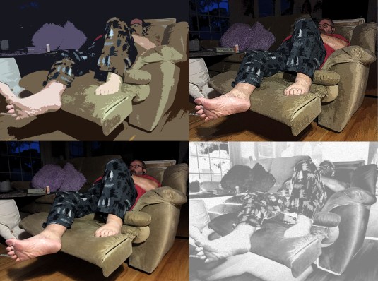 Four filters show Don- feet first: poster watercolor bas relief outline