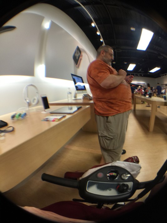my scooter, Don, and the Apple Store seen through the iPhone6+'s new Ollo lens